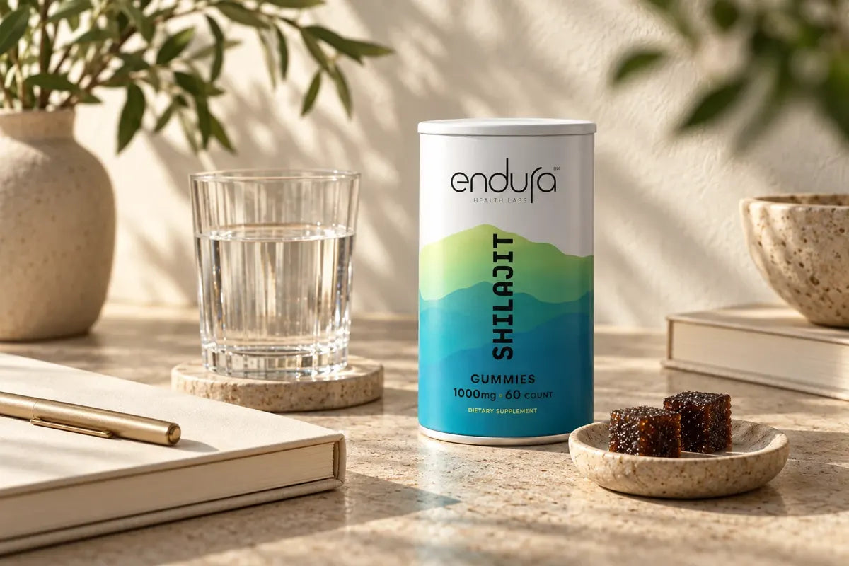Endura gummy tin beside water and a notebook