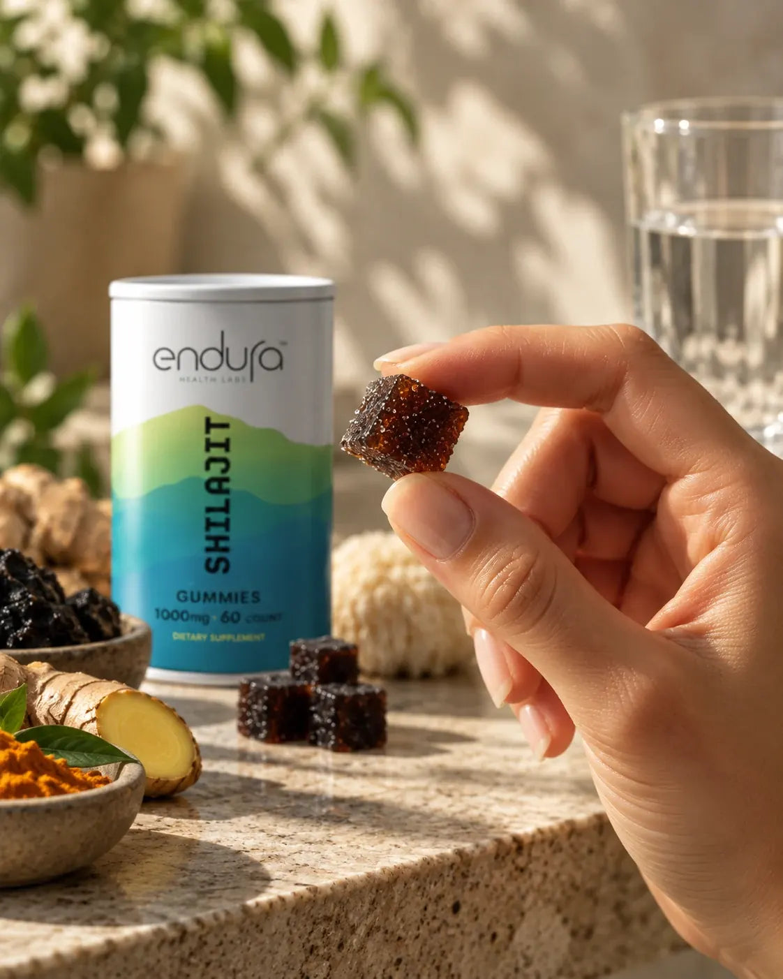 A hand holding an Endura gummy